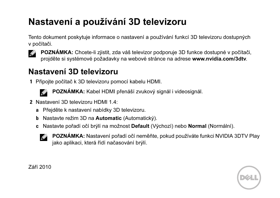 Nastavení a používání 3d televizoru, Nastavení 3d televizoru | Dell XPS 15 (L501X, Late 2010) User Manual | Page 9 / 42