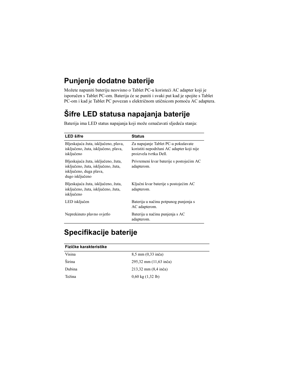 Punjenje dodatne baterije, Šifre led statusa napajanja baterije, Specifikacije baterije | Dell Latitude XT2 (Early 2009) User Manual | Page 12 / 92