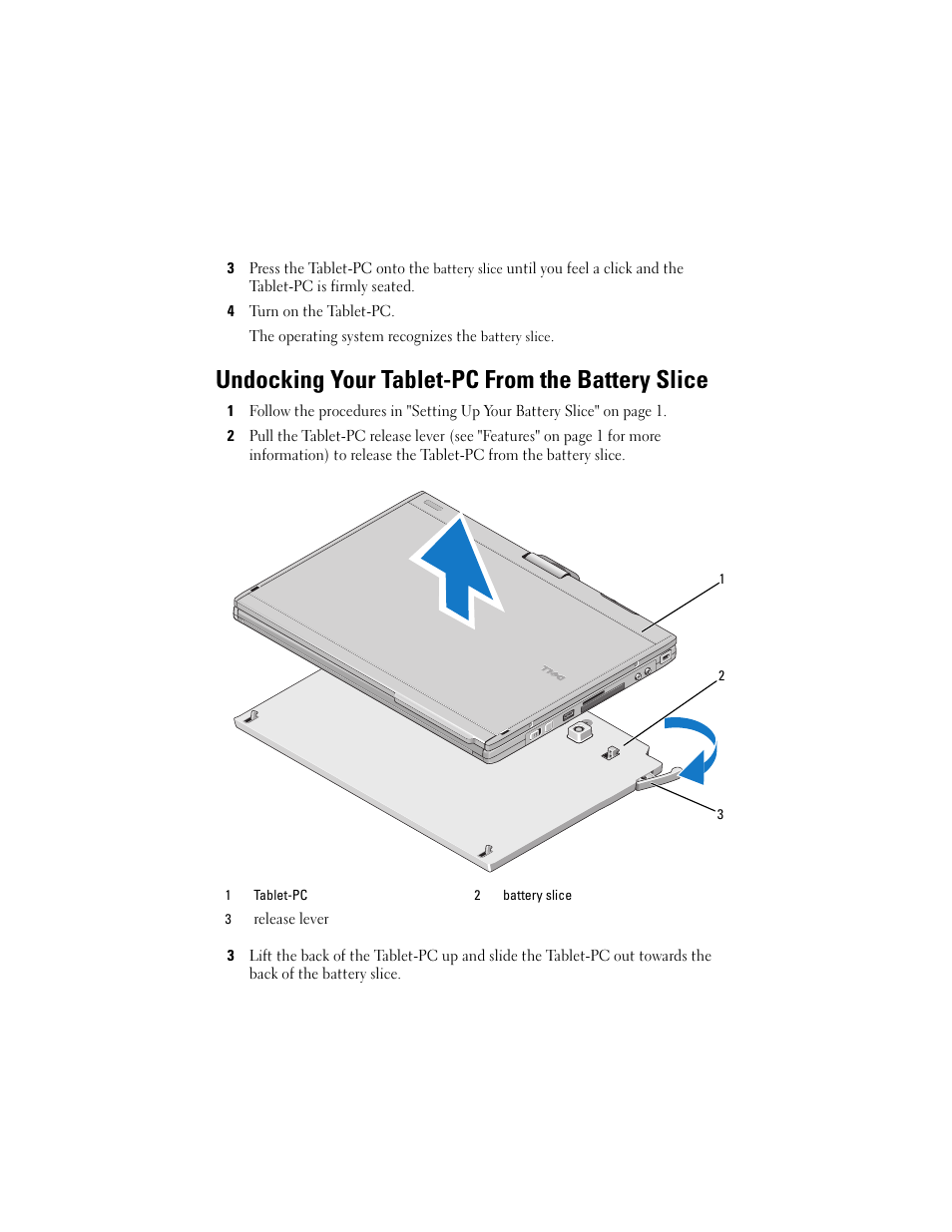 Undocking your tablet-pc from the battery slice | Dell Latitude XT2 (Early 2009) User Manual | Page 4 / 92