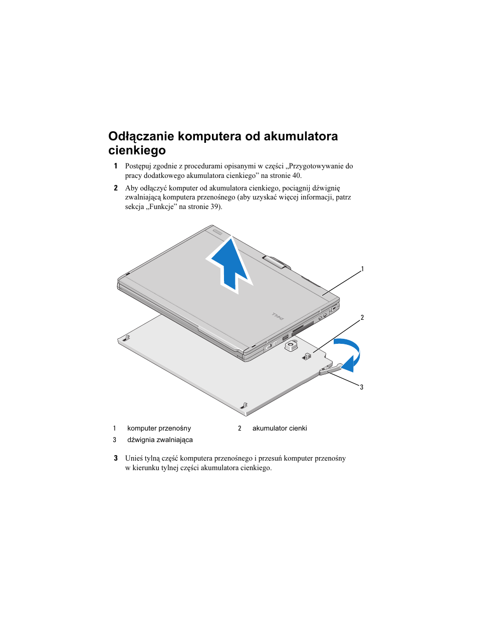 Odłączanie komputera od akumulatora cienkiego | Dell Latitude XT2 (Early 2009) User Manual | Page 43 / 92