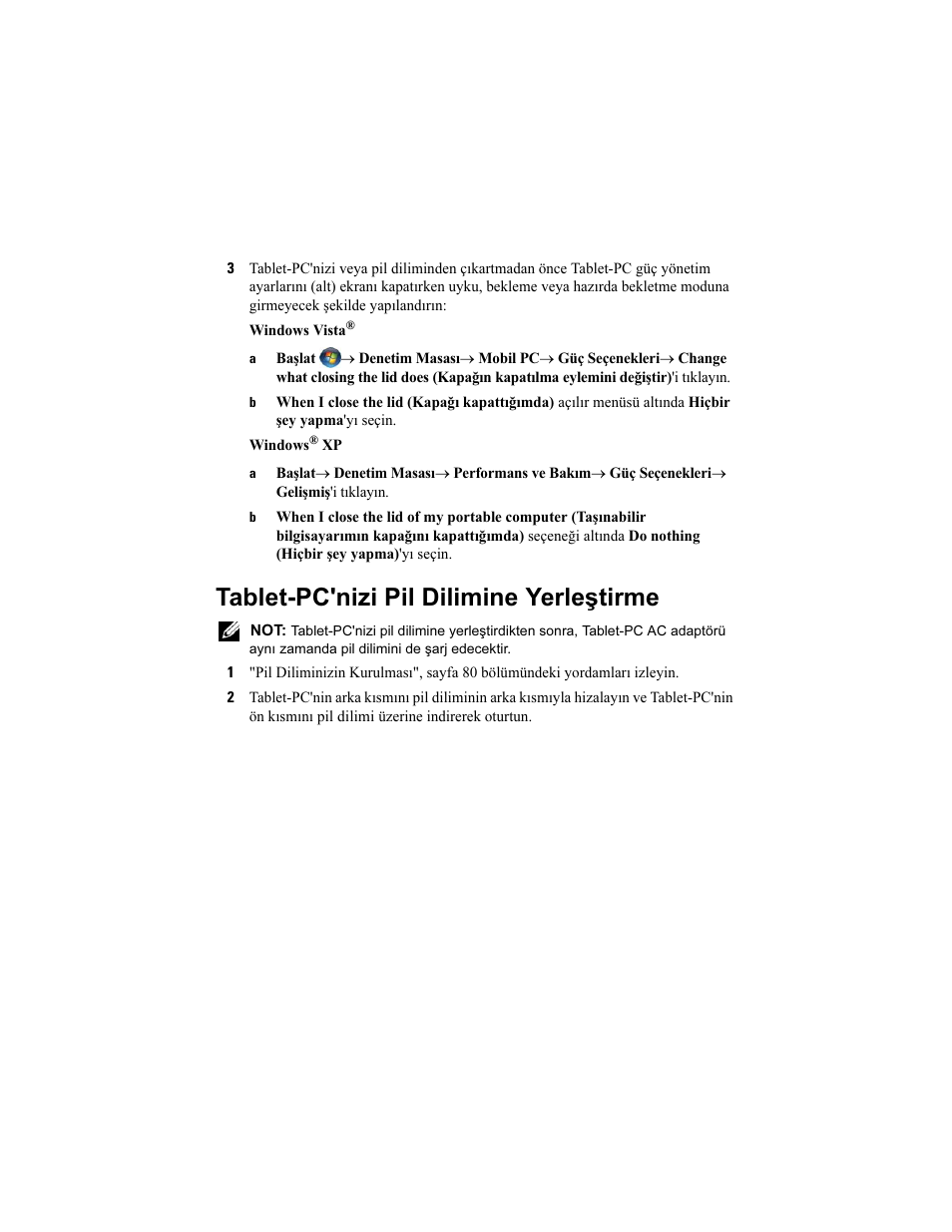 Tablet-pc'nizi pil dilimine yerleştirme | Dell Latitude XT2 (Early 2009) User Manual | Page 81 / 92