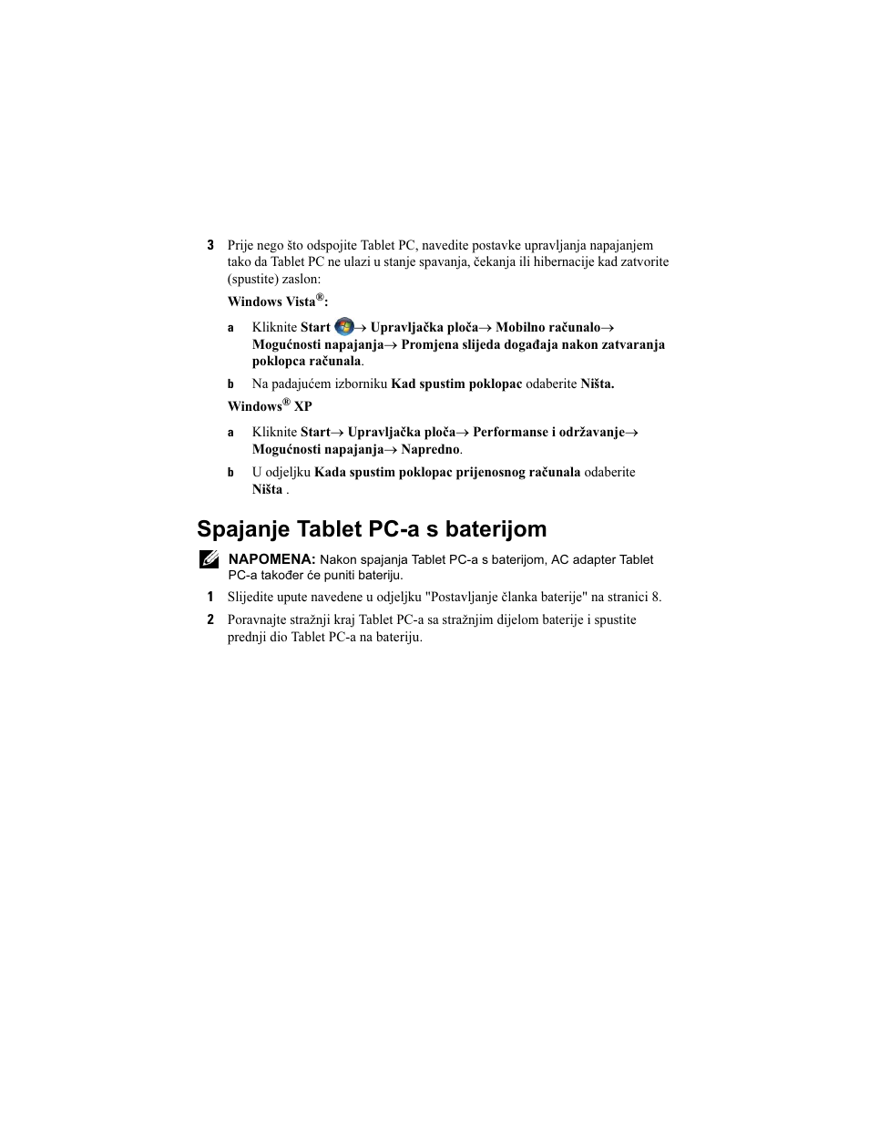 Spajanje tablet pc-a s baterijom | Dell Latitude XT2 (Early 2009) User Manual | Page 9 / 92