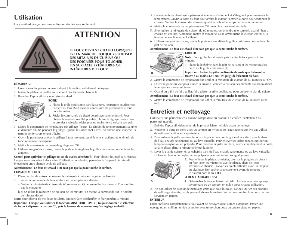 Attention, Entretien et nettoyage, Utilisation | Black & Decker CTO650 User Manual | Page 10 / 13