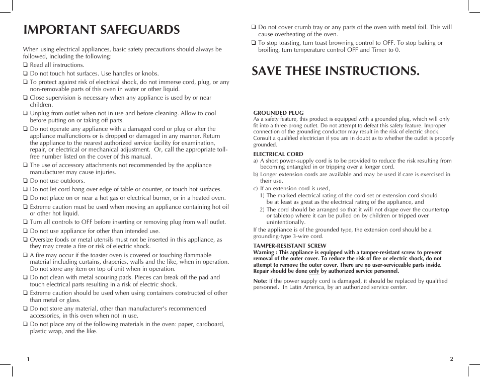 Important safeguards save these instructions | Black & Decker CTO650 User Manual | Page 2 / 13