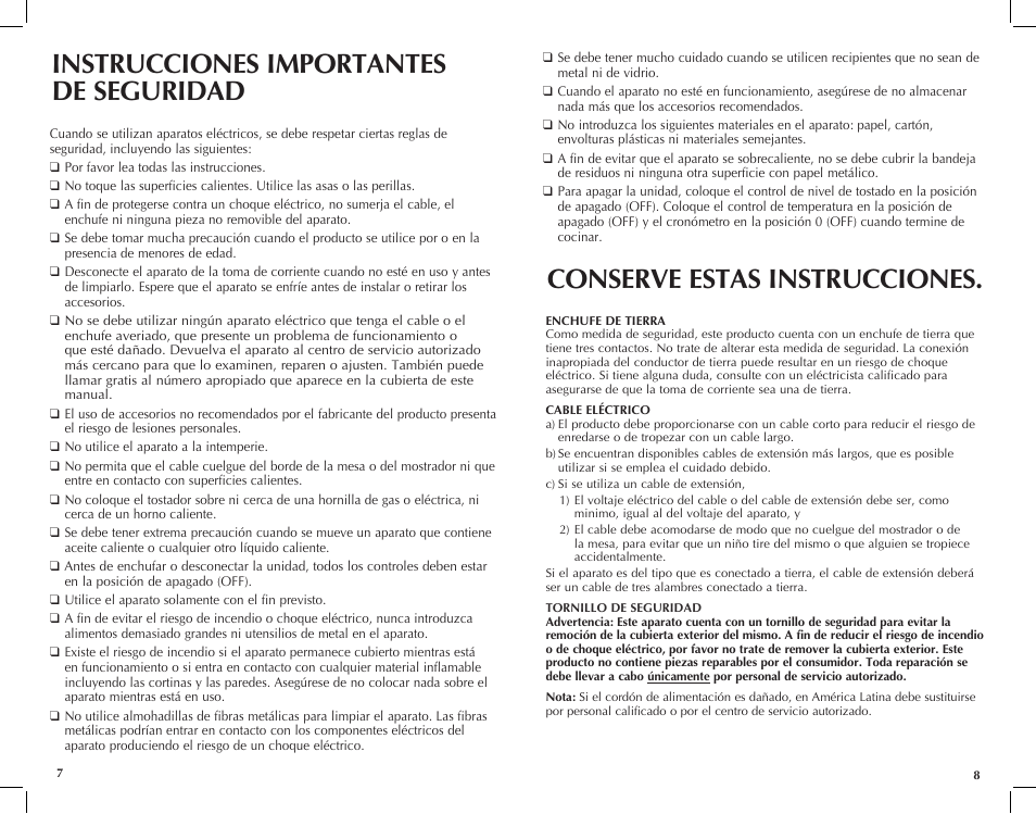 Instrucciones importantes de seguridad, Conserve estas instrucciones | Black & Decker CTO650 User Manual | Page 5 / 13