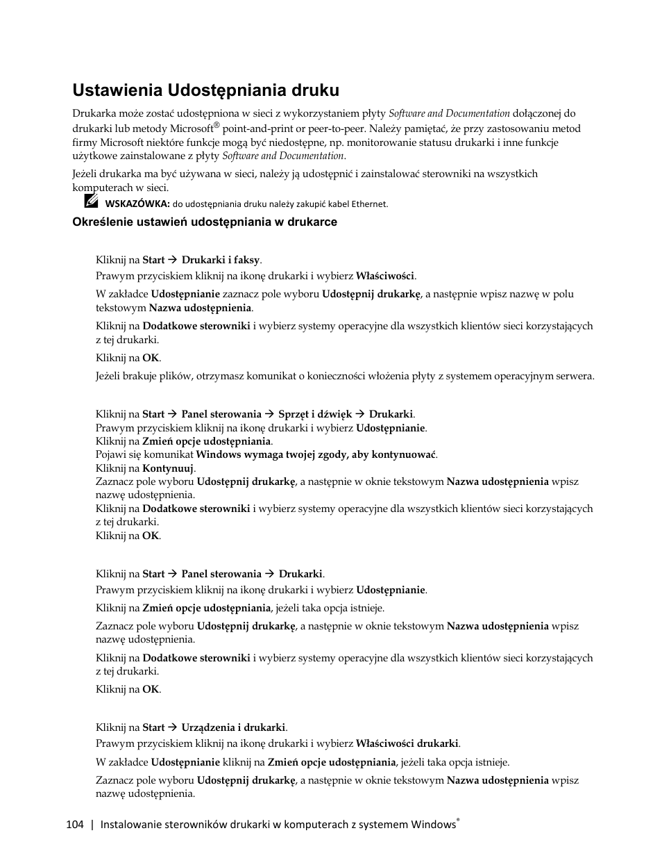 Ustawienia udostępniania druku, Określenie ustawień udostępniania w drukarce | Dell C3765dnf Color Laser Printer User Manual | Page 106 / 580