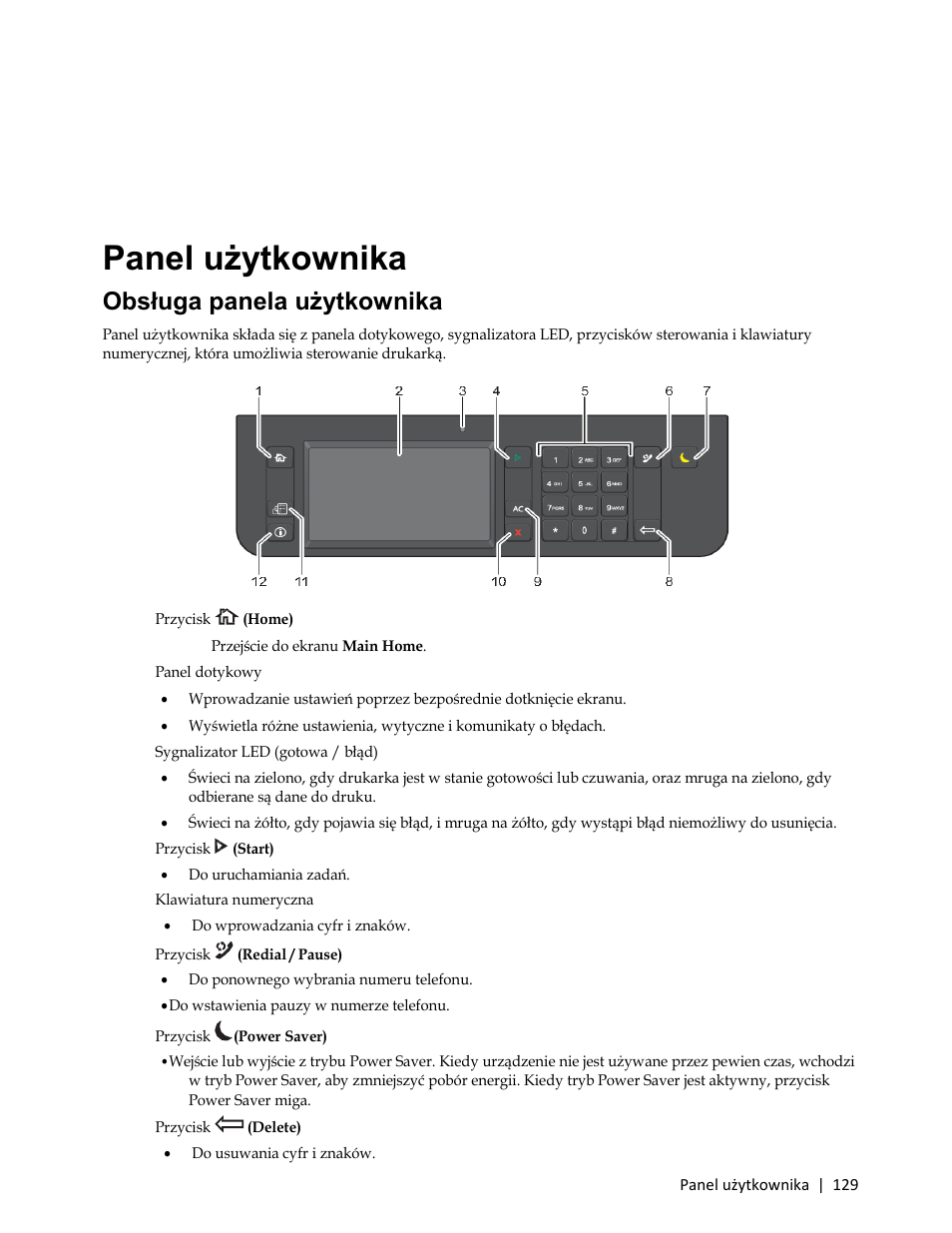 Panel użytkownika, Obsługa panela użytkownika, 2 panel dotykowy | Do ponownego wybrania numeru telefonu, Do usuwania cyfr i znaków | Dell C3765dnf Color Laser Printer User Manual | Page 131 / 580