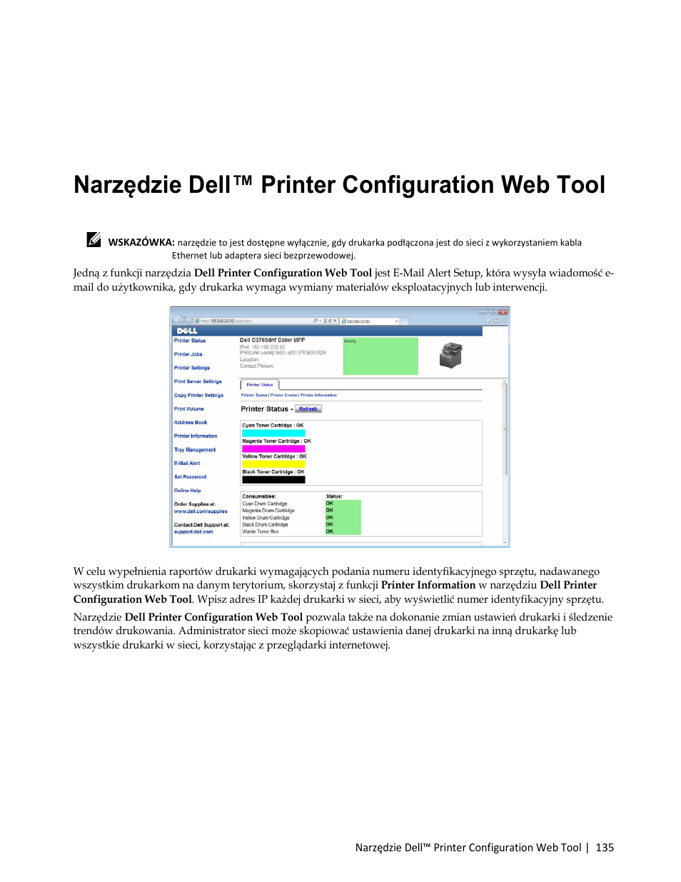 Narzędzie dell™ printer configuration web tool, Informacje ogólne | Dell C3765dnf Color Laser Printer User Manual | Page 137 / 580