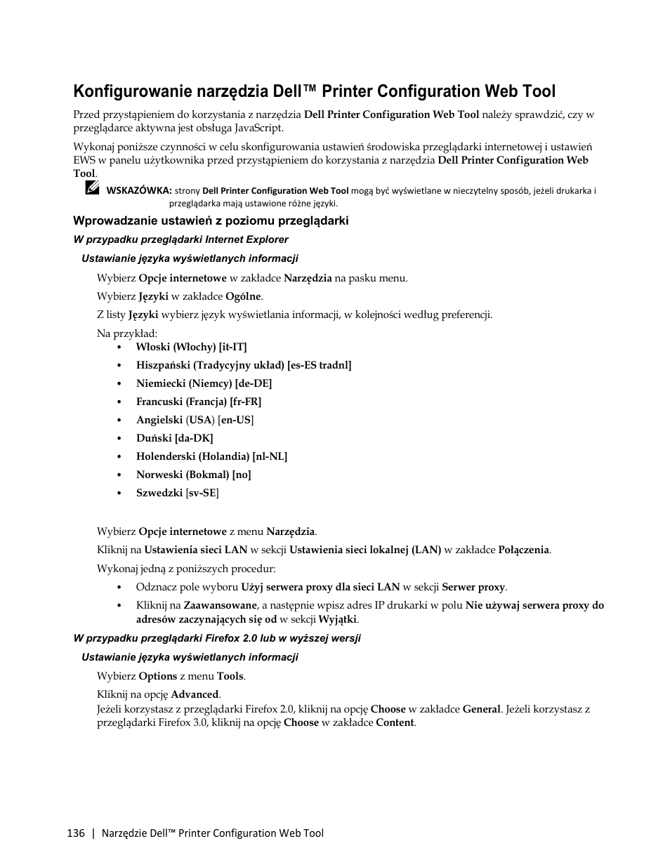 Wprowadzanie ustawień z poziomu przeglądarki, Angielski (usa) [en-us, Szwedzki [sv-se | Dell C3765dnf Color Laser Printer User Manual | Page 138 / 580