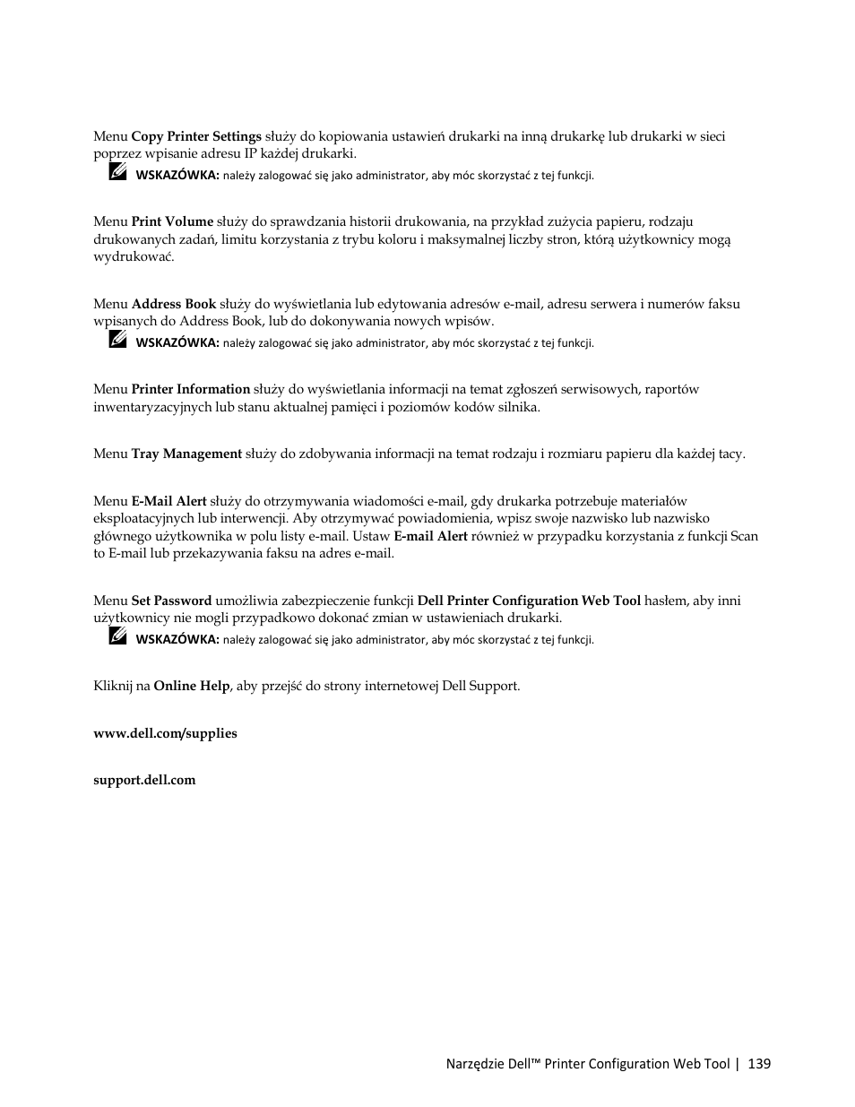 Copy printer settings, Print volume, Address book | Printer information, Tray management, E-mail alert, Set password, Online help, Order supplies at, Www.dell.com/supplies | Dell C3765dnf Color Laser Printer User Manual | Page 141 / 580