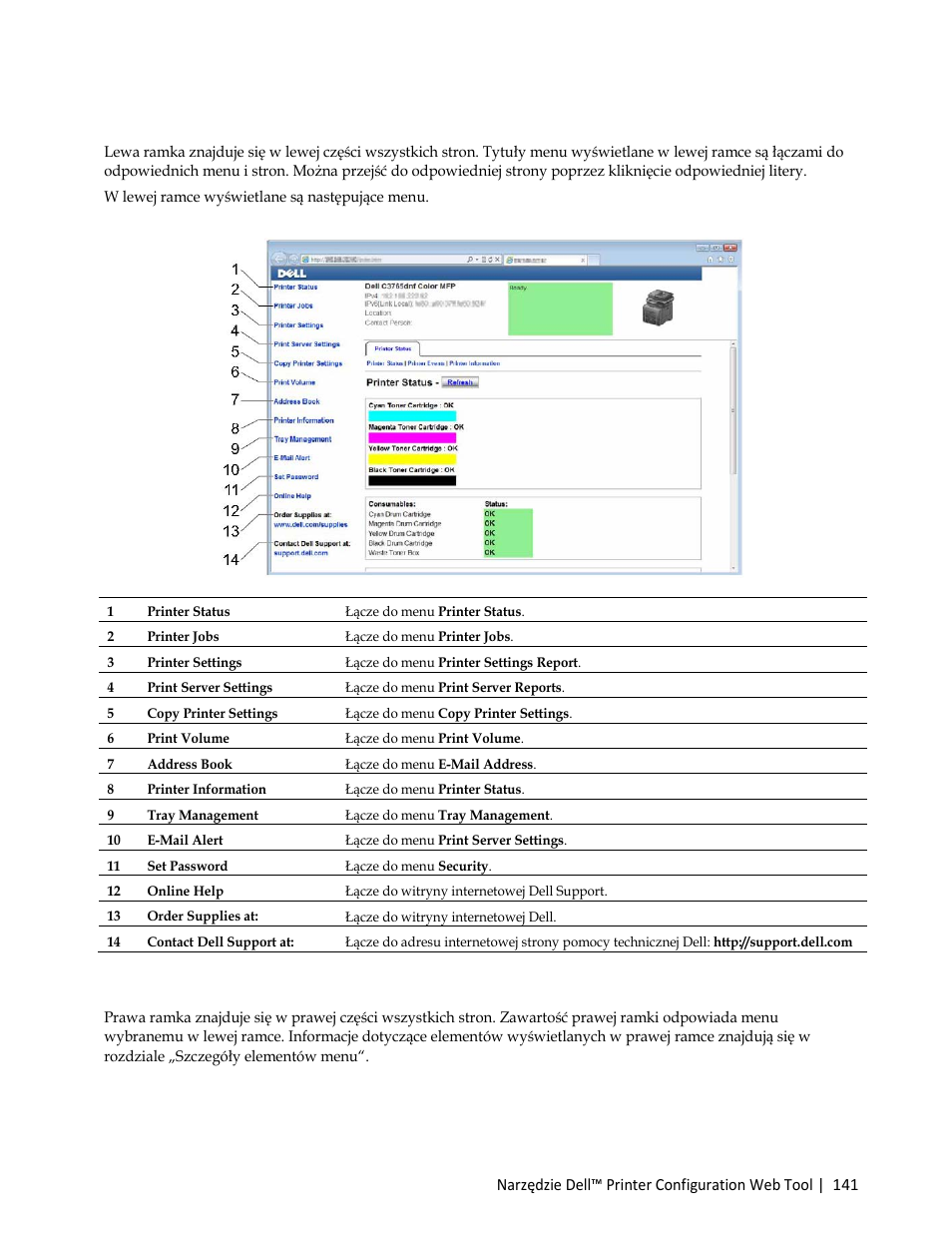 Lewa ramka, Prawa ramka | Dell C3765dnf Color Laser Printer User Manual | Page 143 / 580