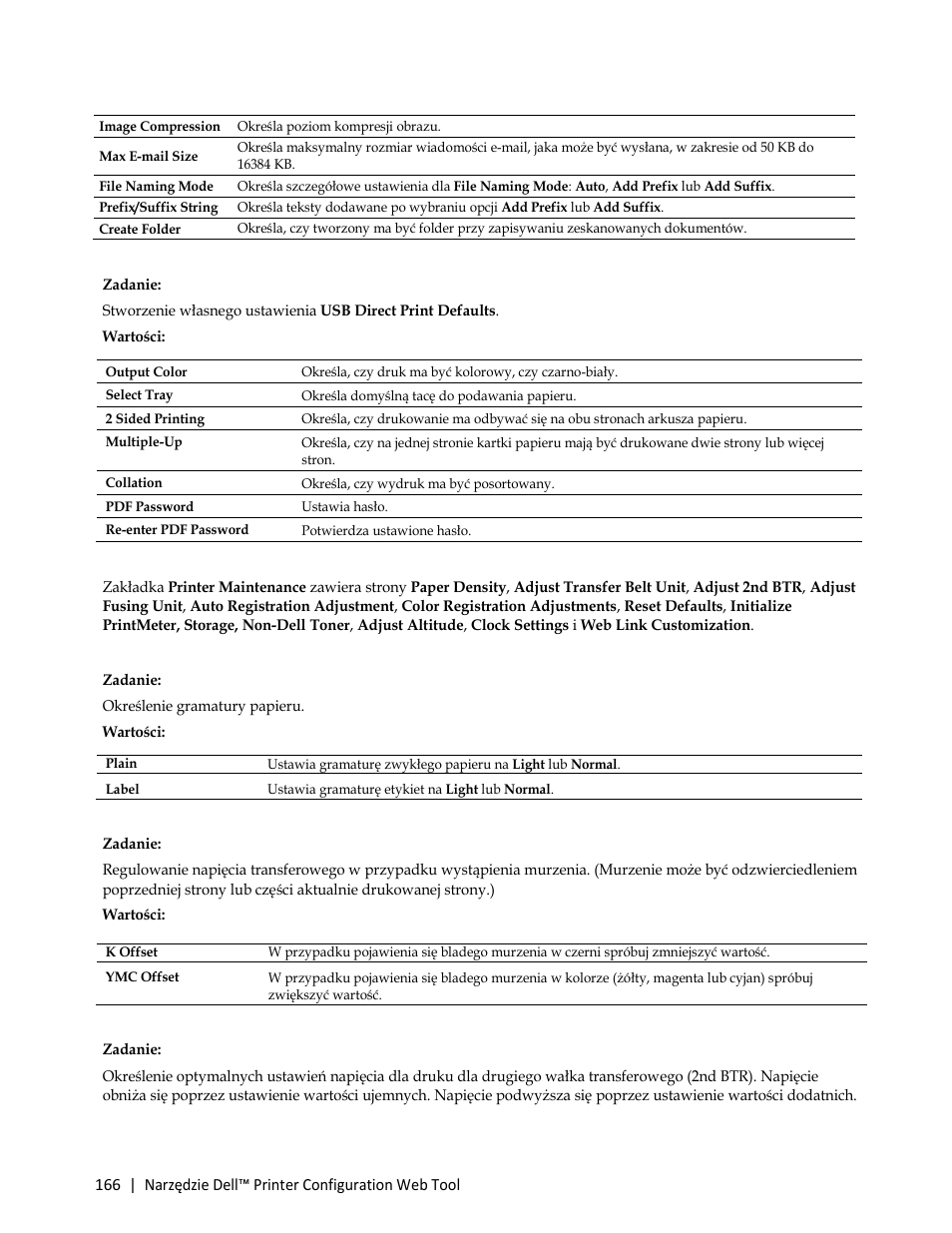 Wartości, Adjust transfer belt unit, Adjust 2nd btr | Adjust fusing un, Auto registration adjustment, Color registration adjustments, Adjust altitude, Kerberos server, Smtp domain fitering, Default setup | Dell C3765dnf Color Laser Printer User Manual | Page 168 / 580