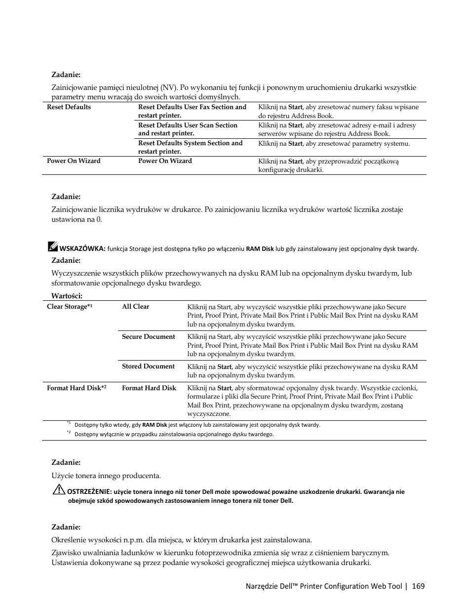 Zadanie, Reset defaults, Initialize printmeter | Storage | Dell C3765dnf Color Laser Printer User Manual | Page 171 / 580