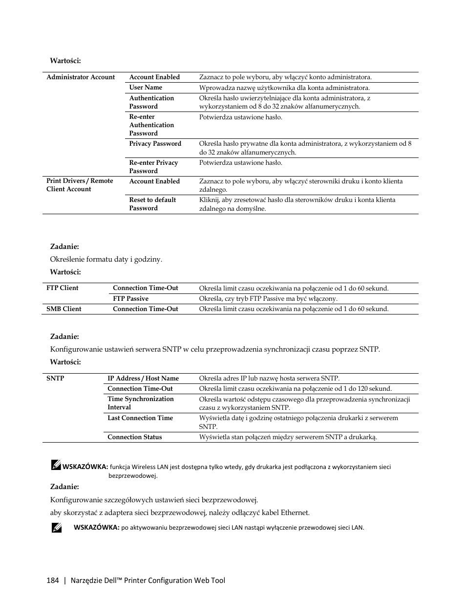 Wartości, Zadanie, Scan to pc | Wireless lan | Dell C3765dnf Color Laser Printer User Manual | Page 186 / 580
