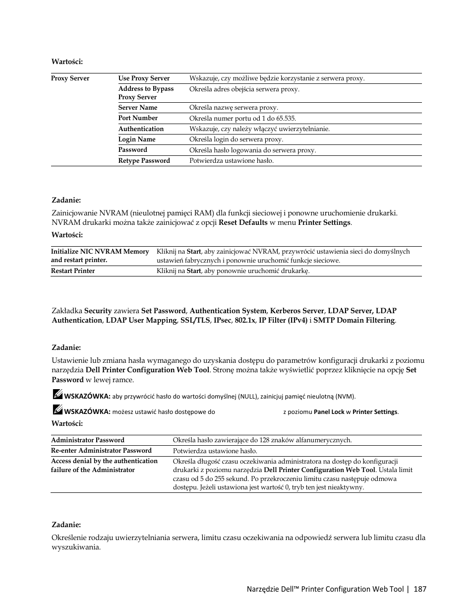 Wartości, Ustawianie hasła, Authentication system | Dell C3765dnf Color Laser Printer User Manual | Page 189 / 580