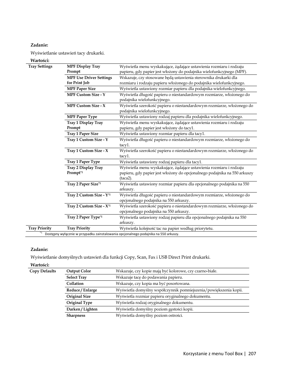 Tray settings, Zadanie, Wyświetlanie ustawień tacy drukarki | Default settings | Dell C3765dnf Color Laser Printer User Manual | Page 209 / 580