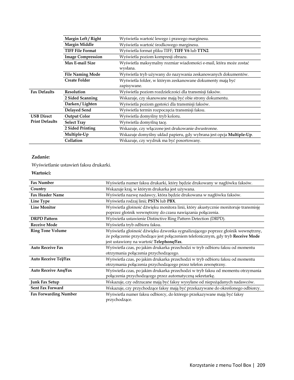 Fax settings, Zadanie, Wyświetlanie ustawień faksu drukarki | Dell C3765dnf Color Laser Printer User Manual | Page 211 / 580