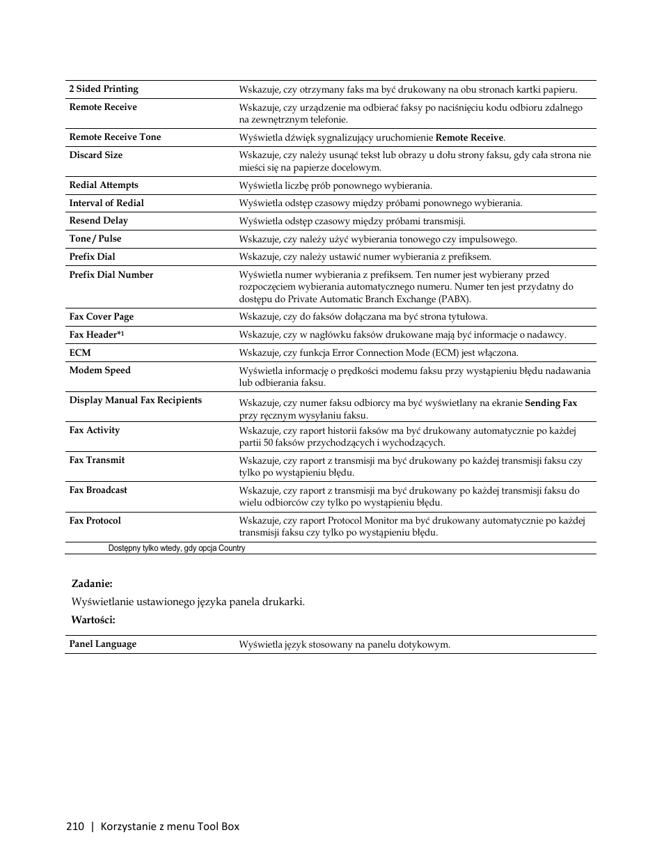Panel language, Zadanie, Wyświetlanie ustawionego języka panela drukarki | Dell C3765dnf Color Laser Printer User Manual | Page 212 / 580
