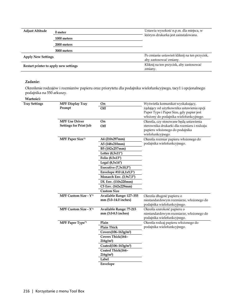 Tray management, Zadanie | Dell C3765dnf Color Laser Printer User Manual | Page 218 / 580