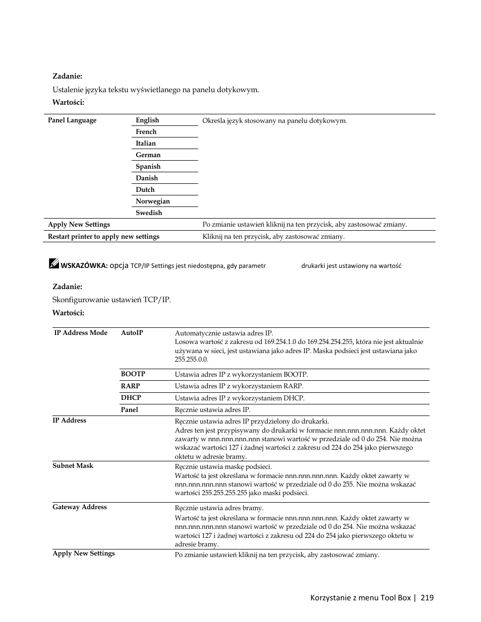 Panel language, Zadanie, Tcp/ip settings | Skonfigurowanie ustawień tcp/ip | Dell C3765dnf Color Laser Printer User Manual | Page 221 / 580