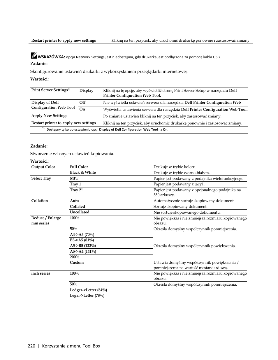 Network settings, Zadanie, Copy defaults | Stworzenie własnych ustawień kopiowania | Dell C3765dnf Color Laser Printer User Manual | Page 222 / 580