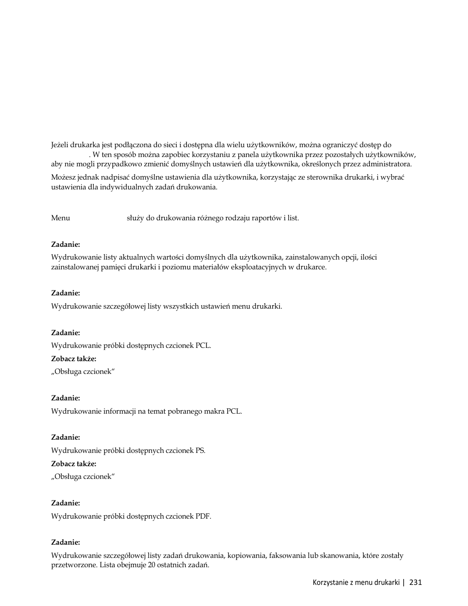 Korzystanie z menu drukarki, Report / list, System settings | Panel settings, Pcl fonts list, Pcl macros list, Ps fonts list, Pdf fonts list, Job history, 16korzystanie z menu drukarki | Dell C3765dnf Color Laser Printer User Manual | Page 233 / 580