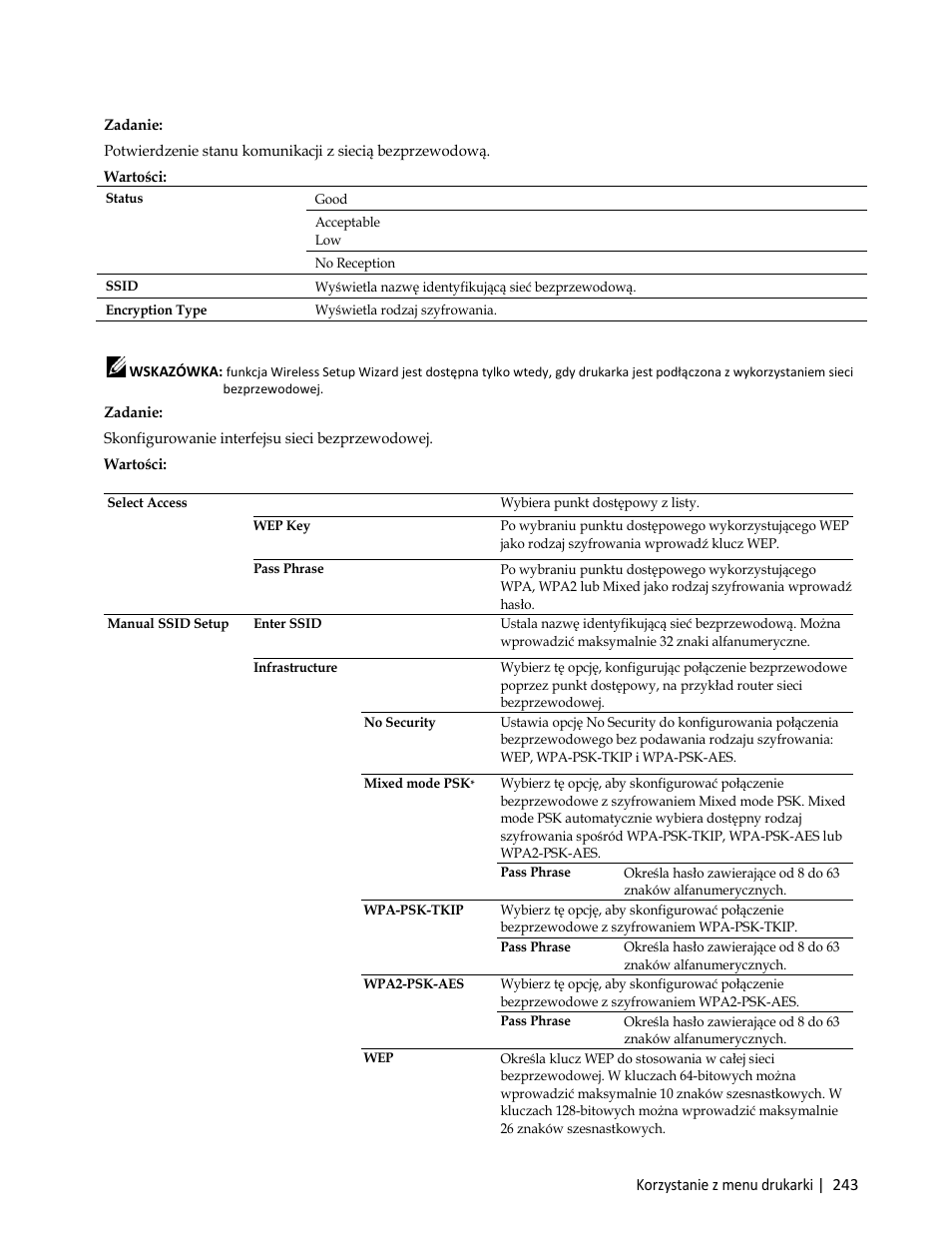 Zadanie, Skonfigurowanie interfejsu sieci bezprzewodowej | Dell C3765dnf Color Laser Printer User Manual | Page 245 / 580