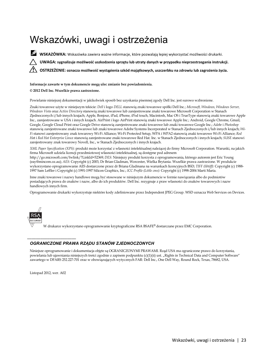 Wskazówki, uwagi i ostrzeżenia, Dotyczy rsa bsafe, Wskazówki, uwagi i ostrzeżenia | 23 | Dell C3765dnf Color Laser Printer User Manual | Page 25 / 580