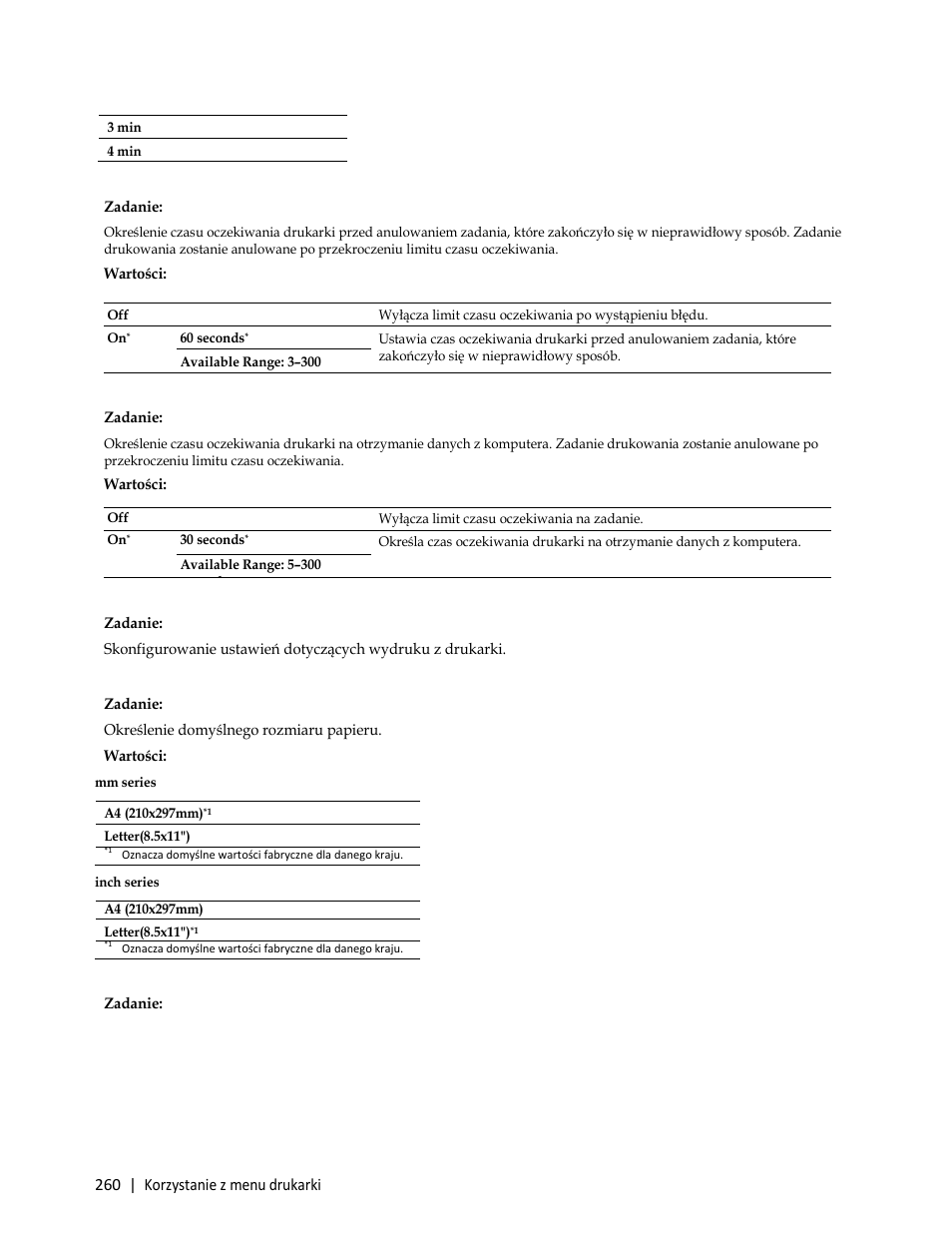 Wartości, 260 | korzystanie z menu drukarki | Dell C3765dnf Color Laser Printer User Manual | Page 262 / 580