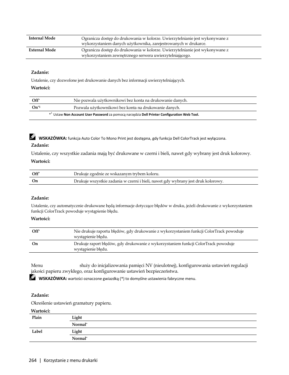 Wartości, Zadanie, Maintenance | 264 | korzystanie z menu drukarki | Dell C3765dnf Color Laser Printer User Manual | Page 266 / 580