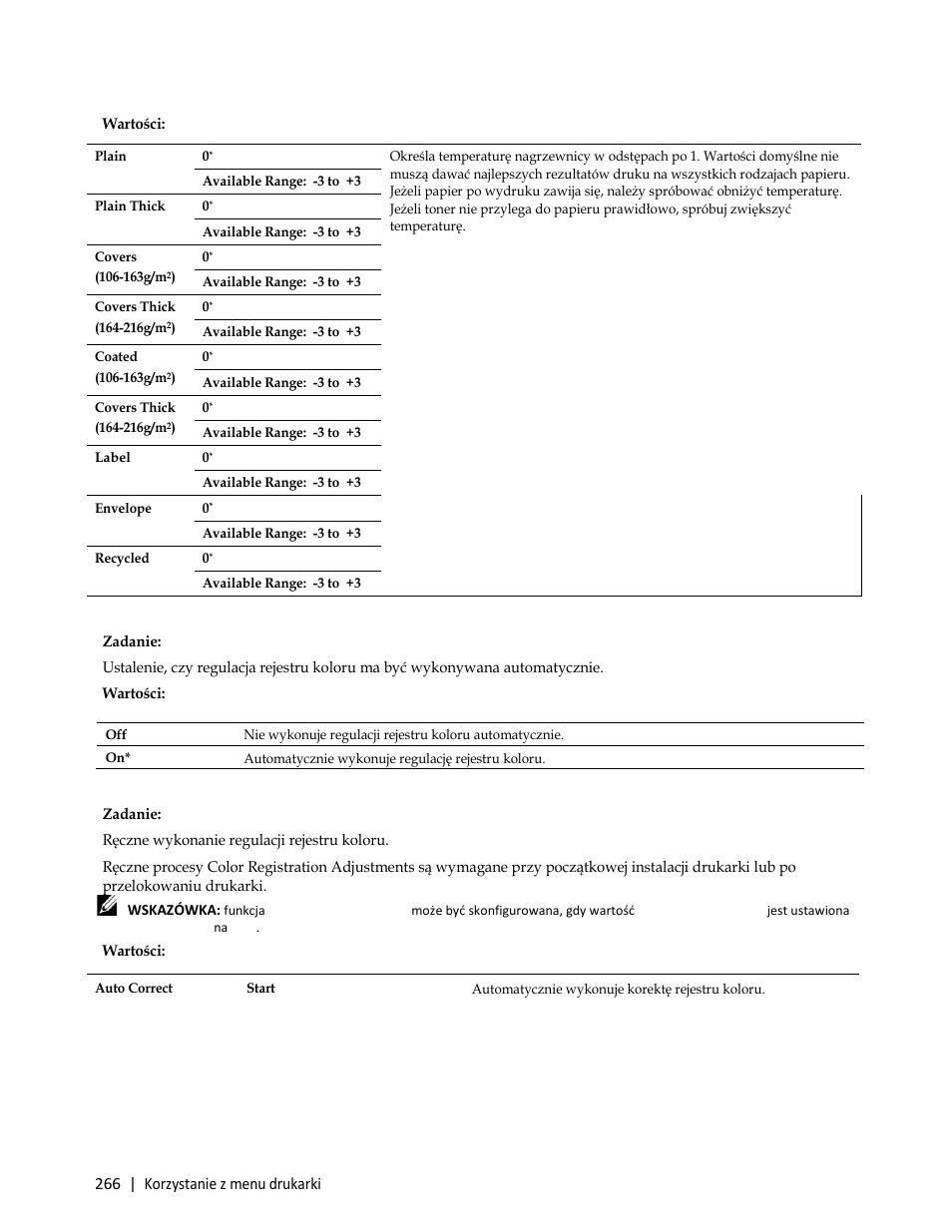 Wartości, 266 | korzystanie z menu drukarki | Dell C3765dnf Color Laser Printer User Manual | Page 268 / 580