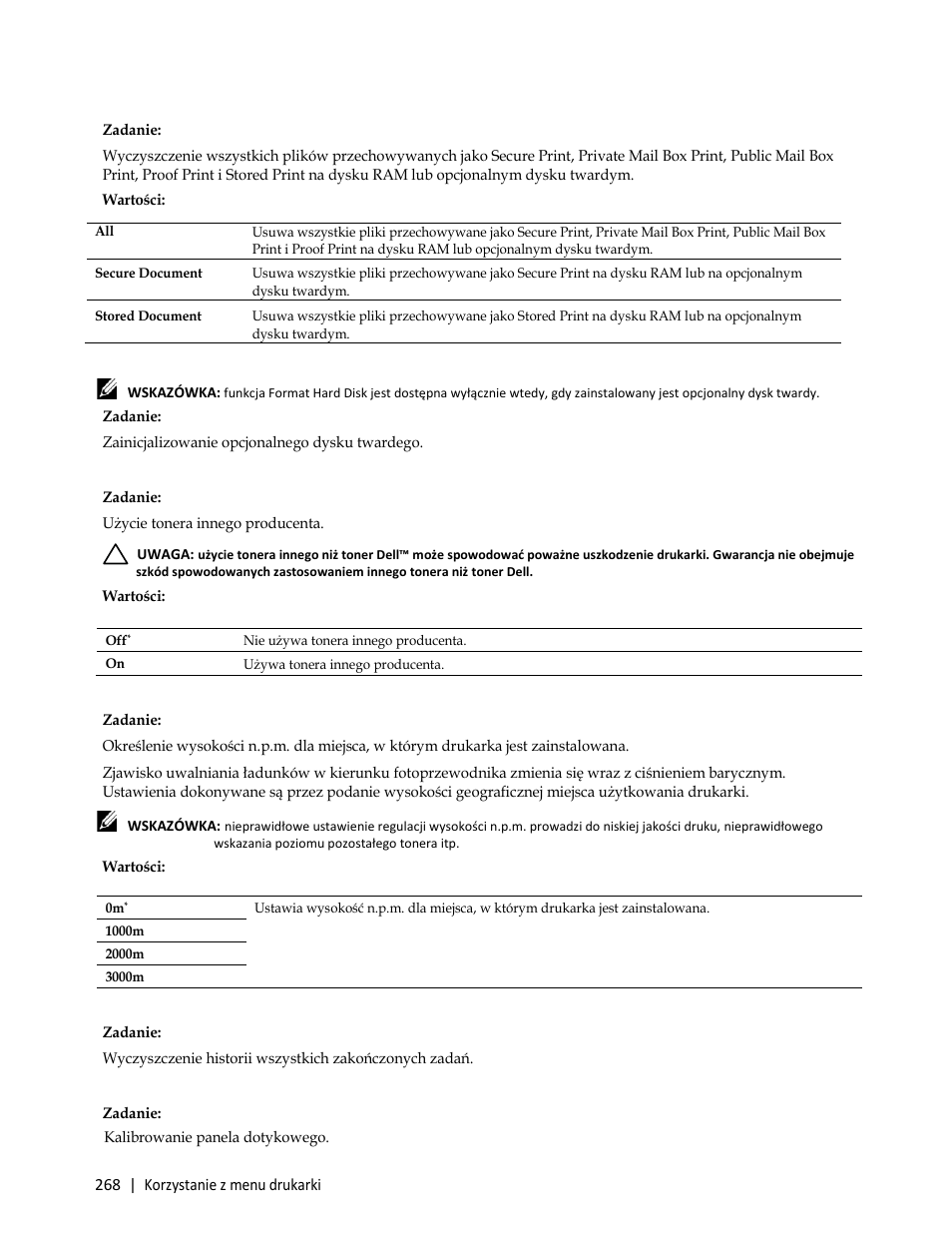 Zadanie, Zainicjalizowanie opcjonalnego dysku twardego, Wartości | Dell C3765dnf Color Laser Printer User Manual | Page 270 / 580