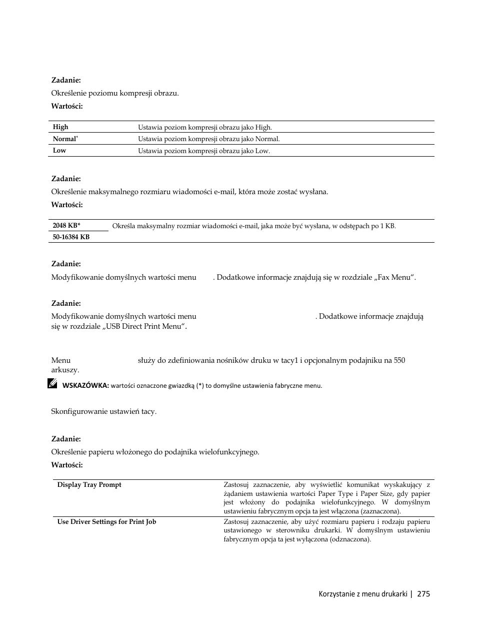 Fax defaults, Usb direct print defaults, Tray management | Tray settings, Skonfigurowanie ustawień tacy | Dell C3765dnf Color Laser Printer User Manual | Page 277 / 580