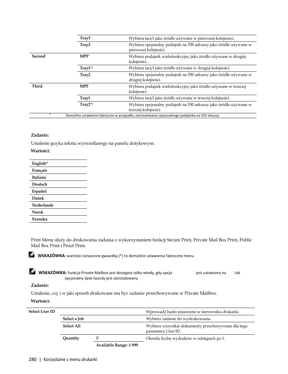 Panel language, Zadanie, Print menu | Private mailbox | Dell C3765dnf Color Laser Printer User Manual | Page 282 / 580