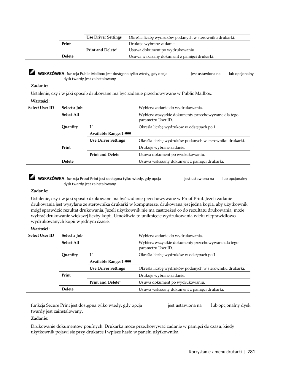Public mailbox, Zadanie, Proof print | Secure print | Dell C3765dnf Color Laser Printer User Manual | Page 283 / 580