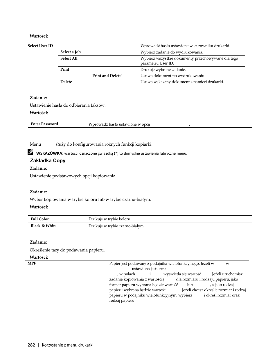 Secure fax receive, Zadanie, Ustawienie hasła do odbierania faksów | Copy menu, Zakładka copy, Ustawienie podstawowych opcji kopiowania | Dell C3765dnf Color Laser Printer User Manual | Page 284 / 580