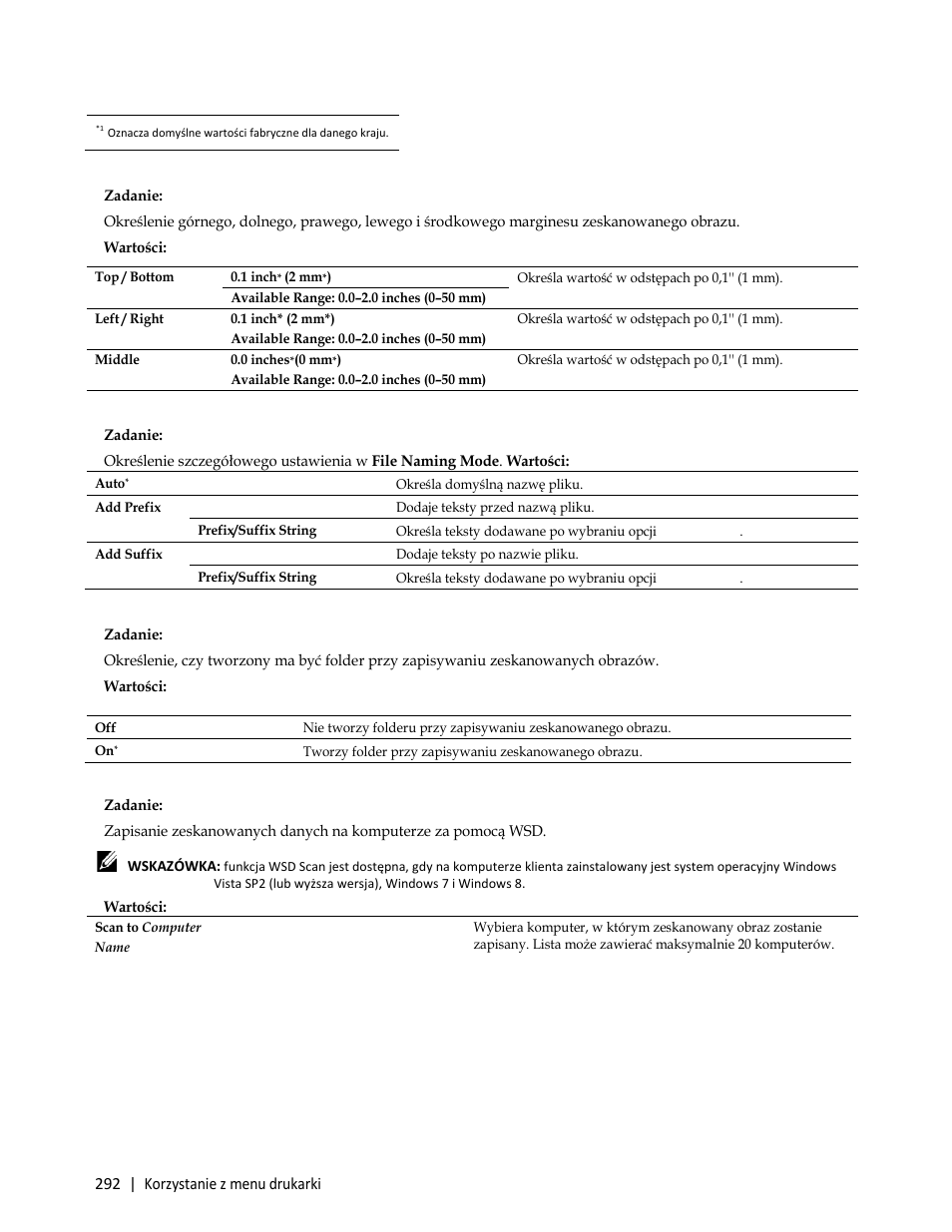 Wsd scan, Zadanie, Wartości | Dell C3765dnf Color Laser Printer User Manual | Page 294 / 580