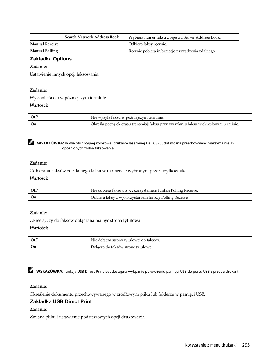 Zakładka options, Zadanie, Ustawienie innych opcji faksowania | Polling receive, Usb direct print menu, Select file to print, Zakładka usb direct print | Dell C3765dnf Color Laser Printer User Manual | Page 297 / 580