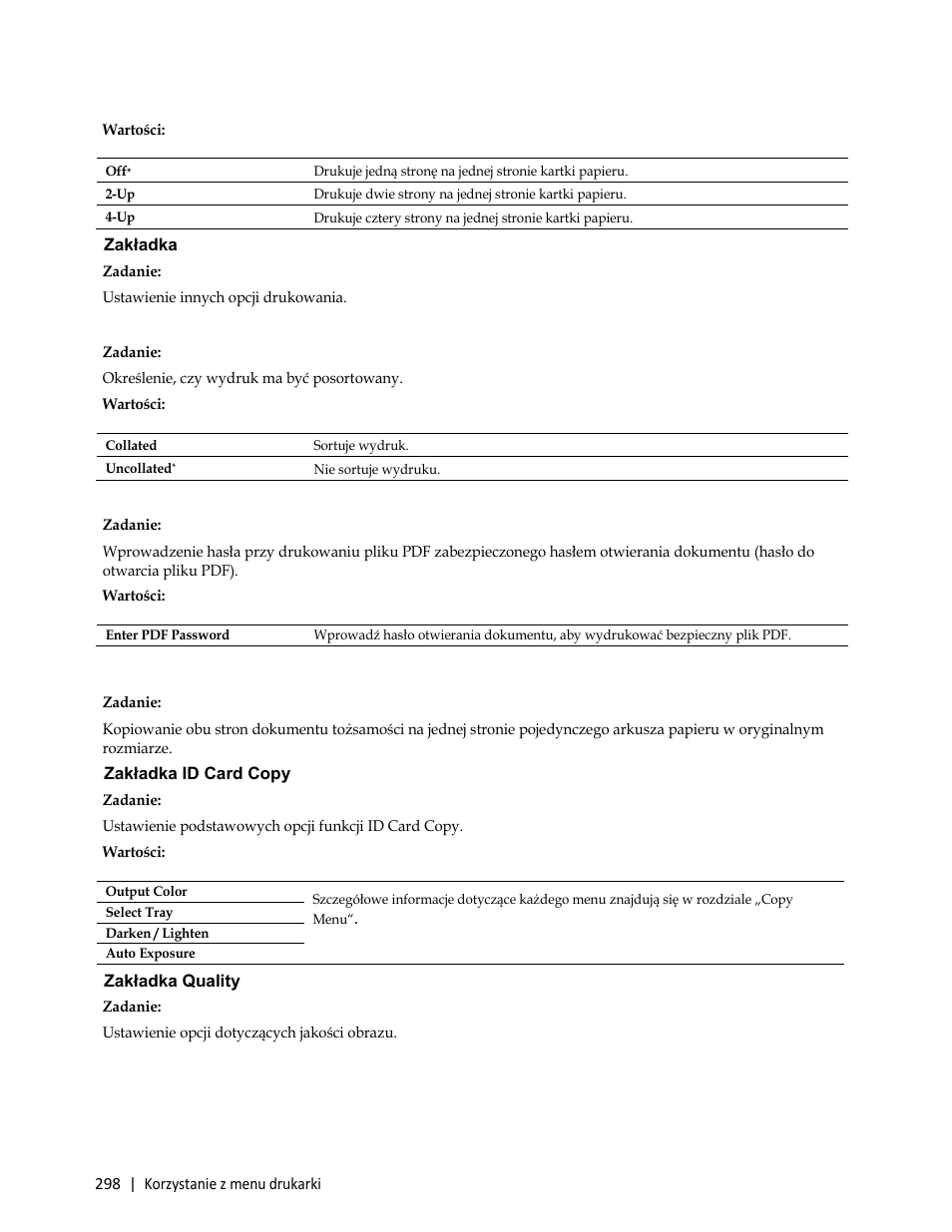 Zakładka options, Zadanie, Ustawienie innych opcji drukowania | Id card copy, Zakładka id card copy, Zakładka quality, Kładka options | Dell C3765dnf Color Laser Printer User Manual | Page 300 / 580