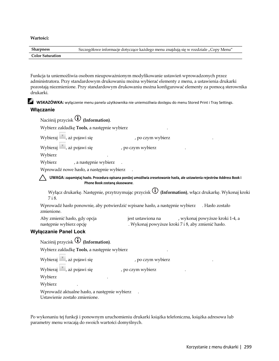 Panel lock, Włączanie panel lock, Wyłączanie panel lock | Resetting defaults | Dell C3765dnf Color Laser Printer User Manual | Page 301 / 580