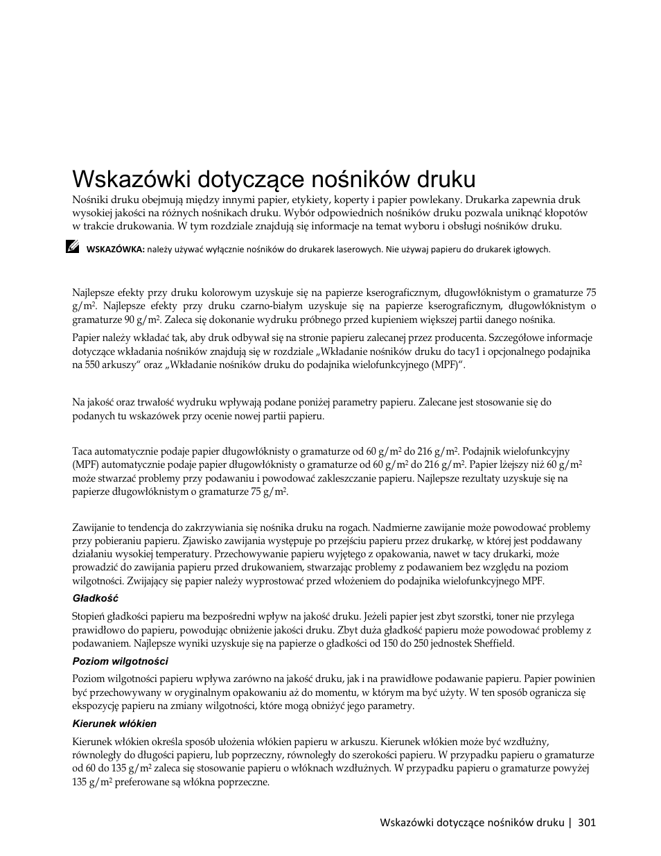 Wskazówki dotyczące nośników druku, Papier, Parametry papieru | Dell C3765dnf Color Laser Printer User Manual | Page 303 / 580