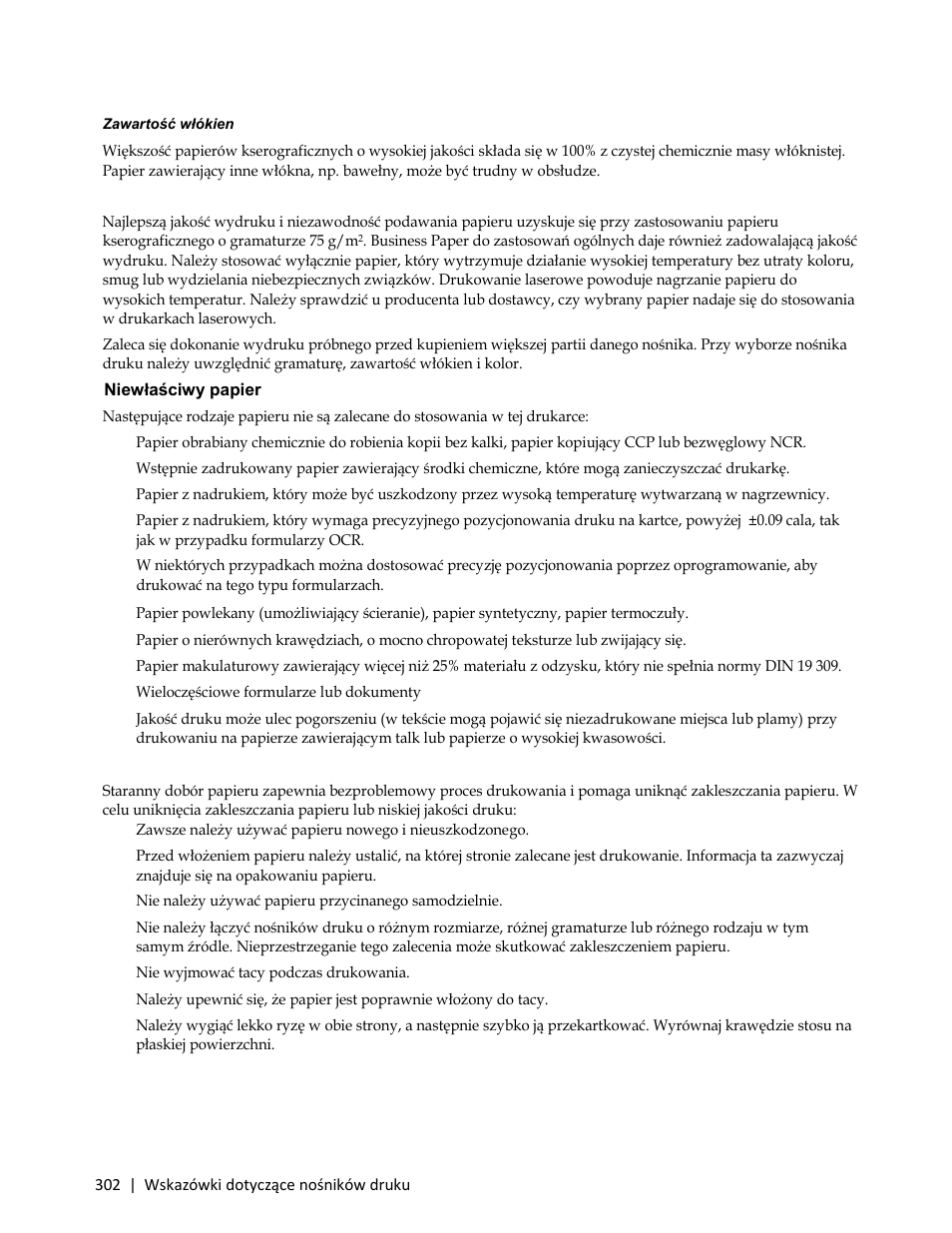 Zalecany papier, Niewłaściwy papier, Wybór papieru | Dell C3765dnf Color Laser Printer User Manual | Page 304 / 580