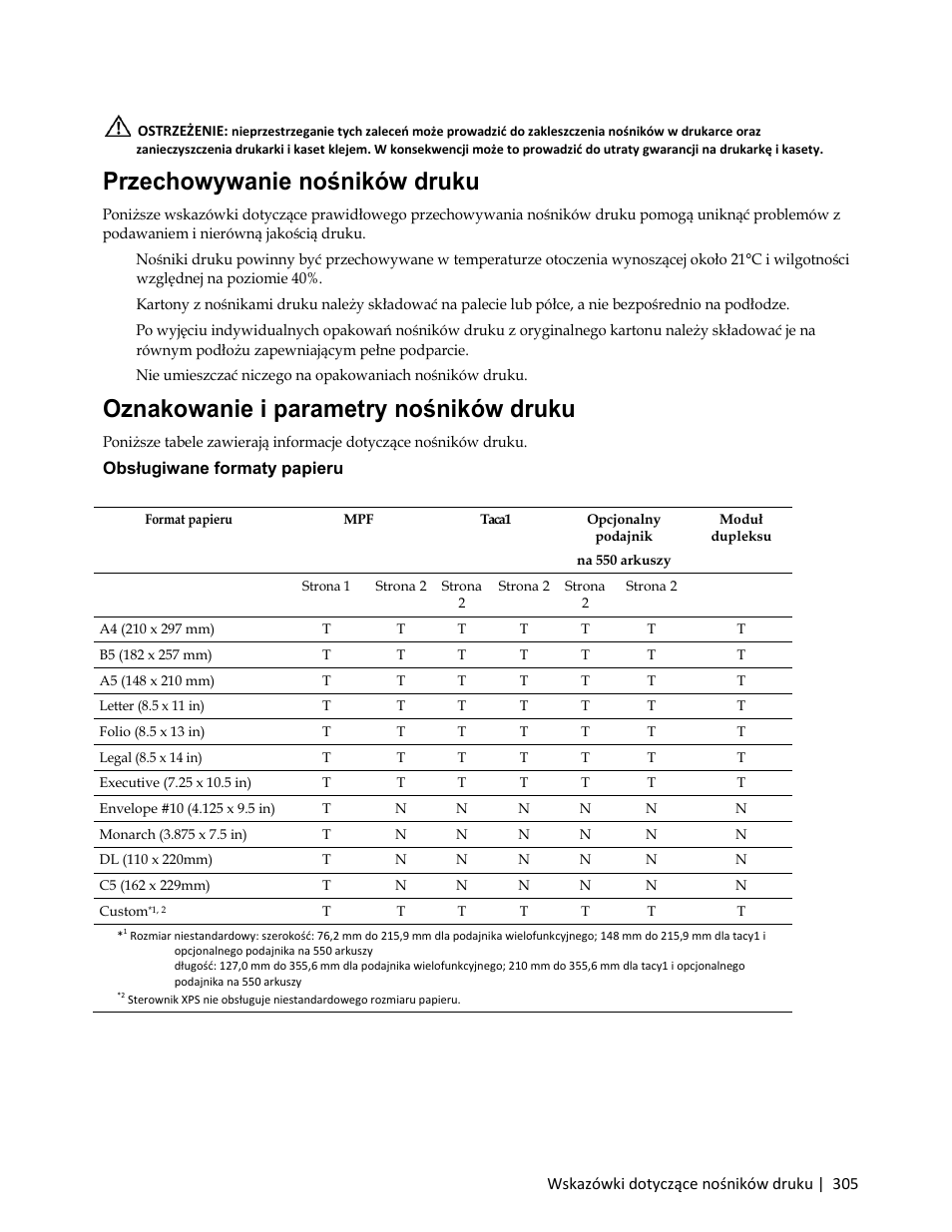 Przechowywanie nośników druku, Oznakowanie i parametry nośników druku, Obsługiwane formaty papieru | Dell C3765dnf Color Laser Printer User Manual | Page 307 / 580