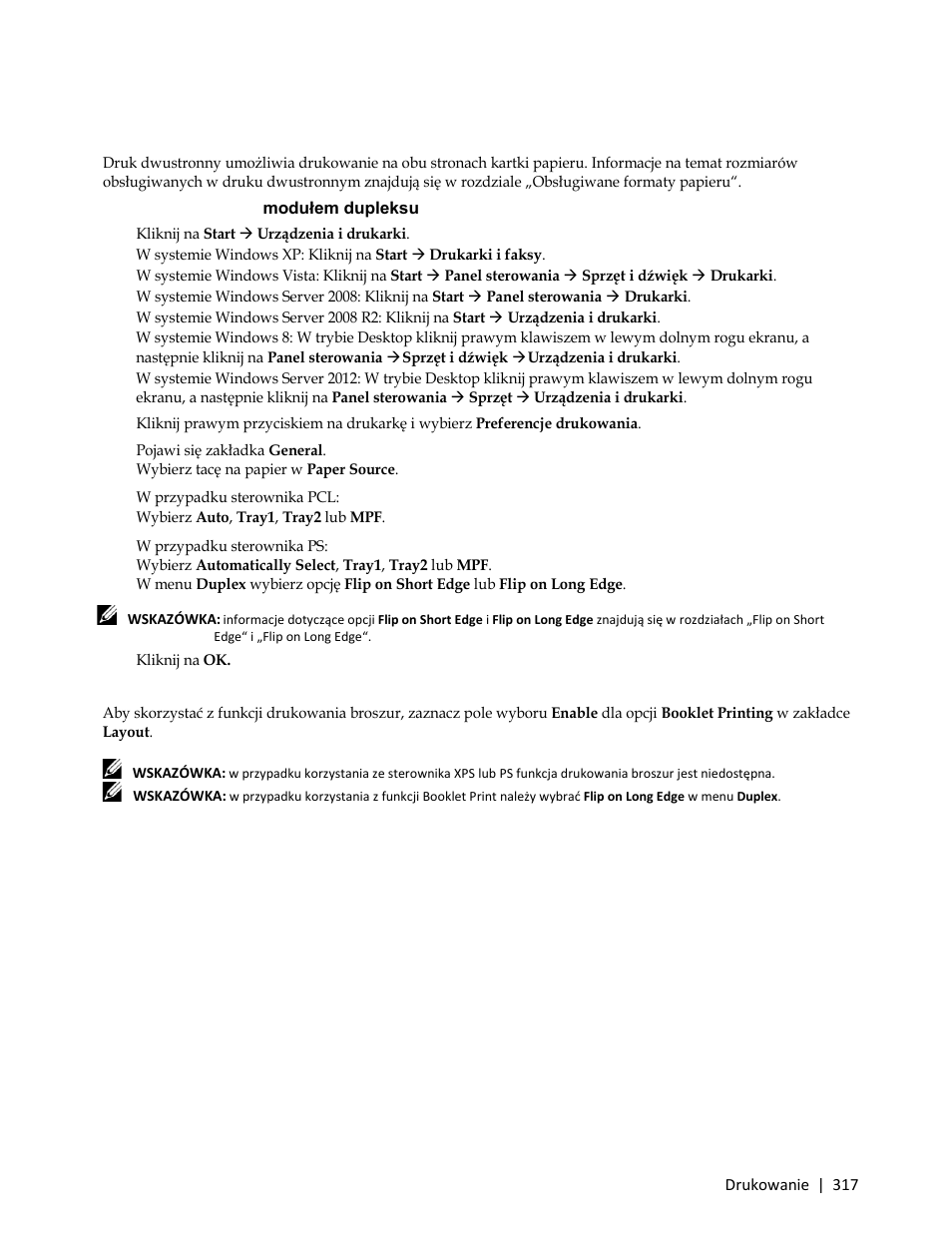 Druk dwustronny, Druk dwustronny z modułem dupleksu, W przypadku sterownika pcl | Korzystanie z funkcji booklet print | Dell C3765dnf Color Laser Printer User Manual | Page 319 / 580