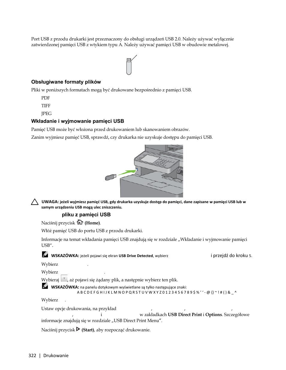 Obsługiwane formaty plików, Wkładanie i wyjmowanie pamięci usb, Drukowanie pliku z pamięci usb | 2 włóż pamięć usb do portu usb z przodu drukarki, 3 wybierz print menu, 6 wybierz ok | Dell C3765dnf Color Laser Printer User Manual | Page 324 / 580