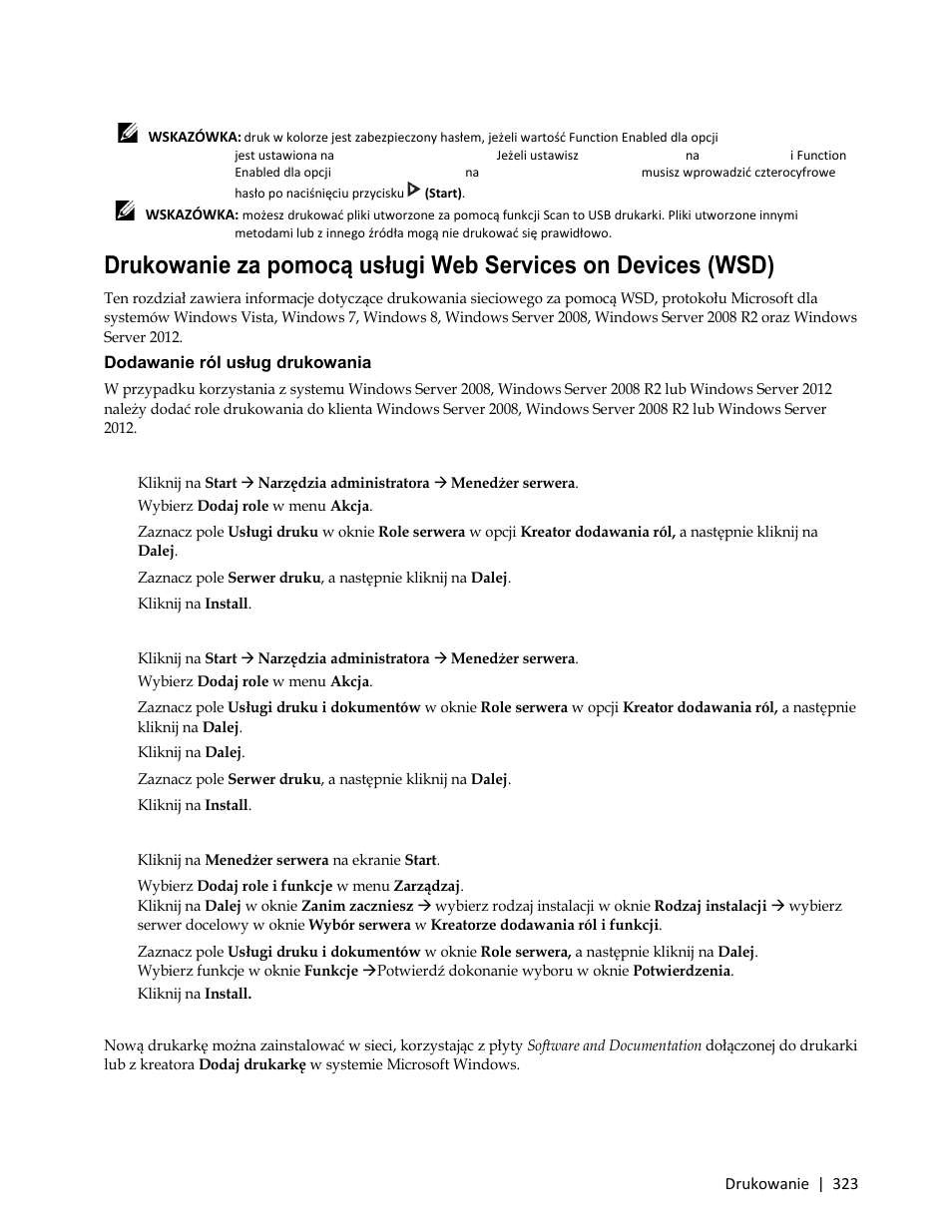 Dodawanie ról usług drukowania, Ustawienia drukarki | Dell C3765dnf Color Laser Printer User Manual | Page 325 / 580