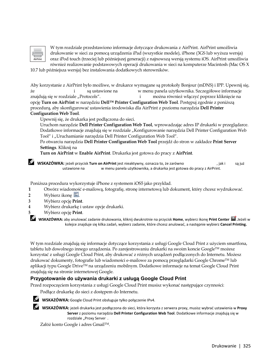 Drukowanie z airprint, Konfigurowanie airprint w drukarce, Drukowanie poprzez airprint | Drukowanie z google cloud print, Załóż konto google i adres gmailtm | Dell C3765dnf Color Laser Printer User Manual | Page 327 / 580