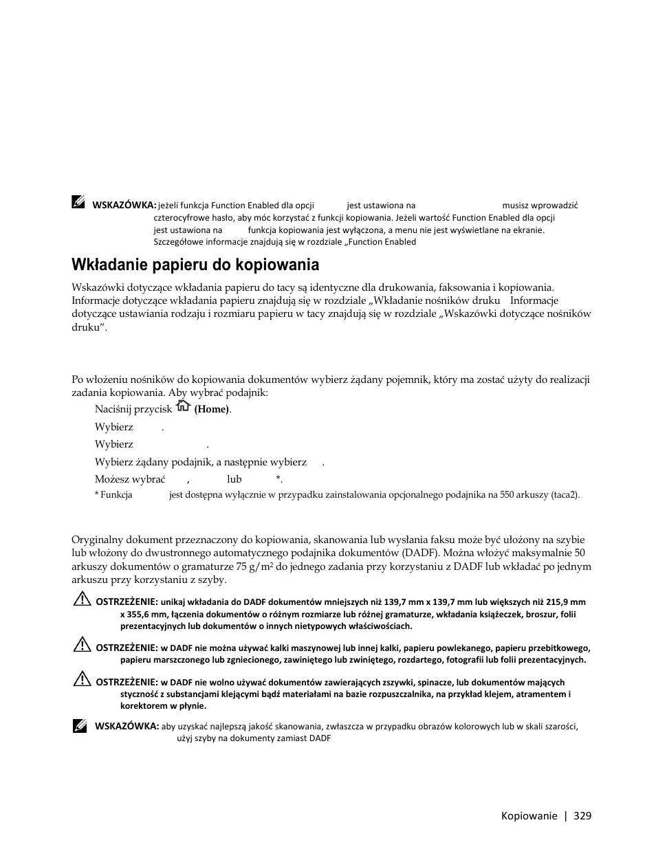 Kopiowanie, Wkładanie papieru do kopiowania, Wybór podajnika | 2 wybierz copy, Przygotowanie dokumentu | Dell C3765dnf Color Laser Printer User Manual | Page 331 / 580