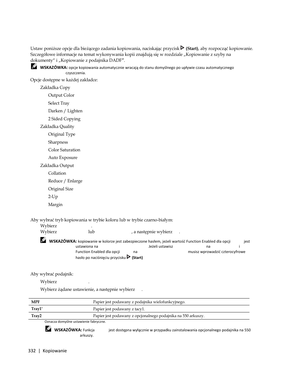Ustawianie opcji kopiowania, Opcje dostępne w każdej zakładce, Output color | Select tray, Darken / lighten, 2 sided copying, Original type, Sharpness, Color saturation, Auto exposure | Dell C3765dnf Color Laser Printer User Manual | Page 334 / 580