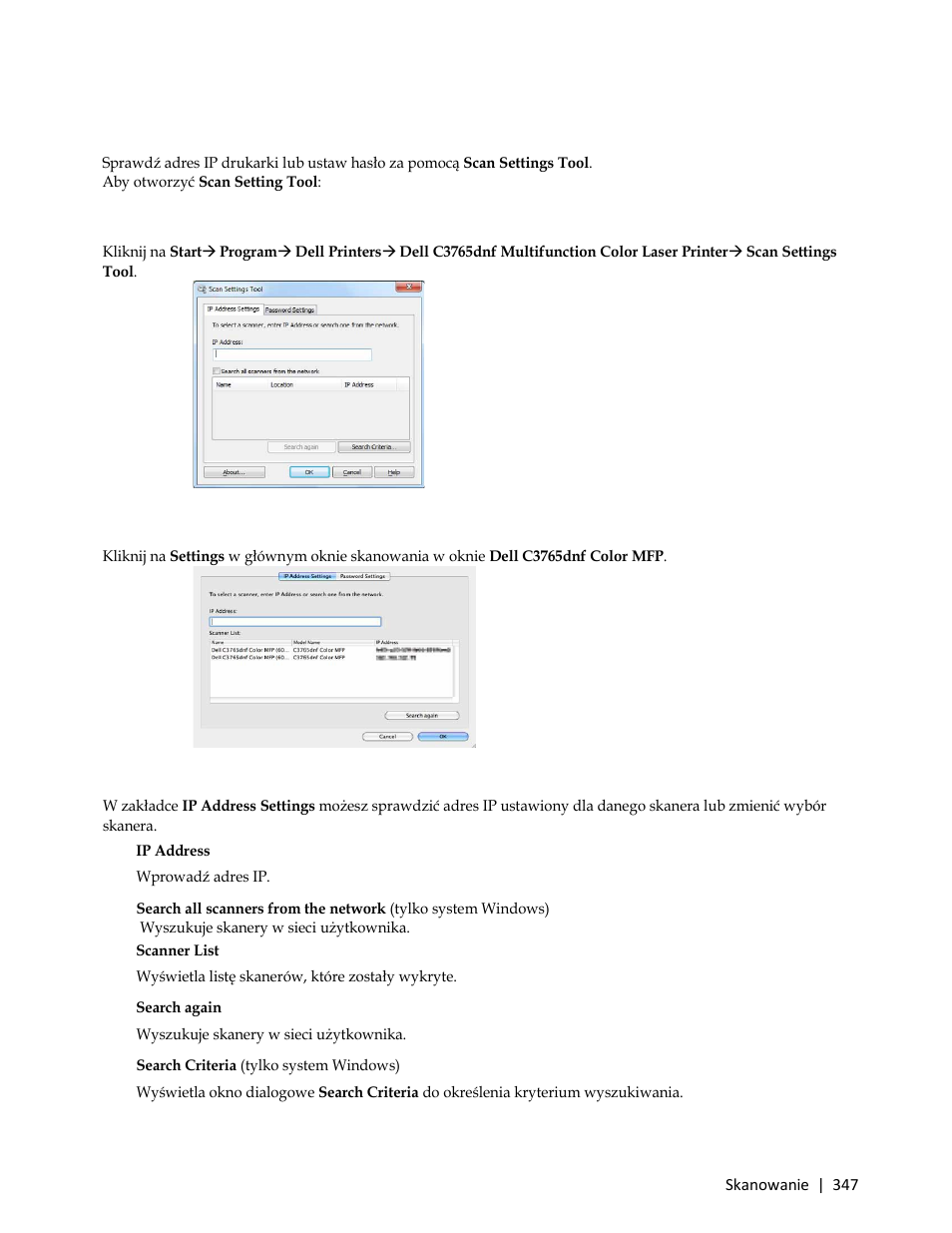 Scan settings tool, Ip address settings, Wyświetla listę skanerów, które zostały wykryte | Dell C3765dnf Color Laser Printer User Manual | Page 349 / 580